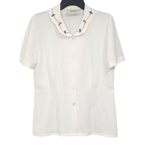 Susan Bristol Vintage Semi Sheer Short Sleeve Ivory Button Down Women Size 6 - Picture 1 of 13